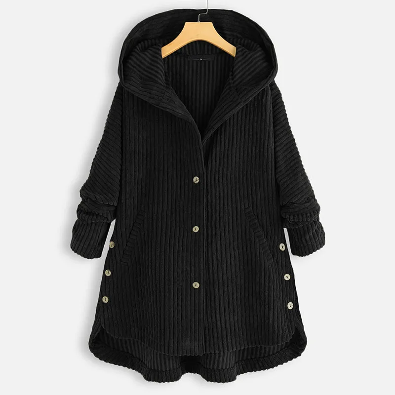 Женское вельветовое пальто, женская осенняя коллекция, Женское пальто с длинным рукавом и пуговицами, пальто с капюшоном размера плюс 5XL, женские зимние куртки - Цвет: Черный
