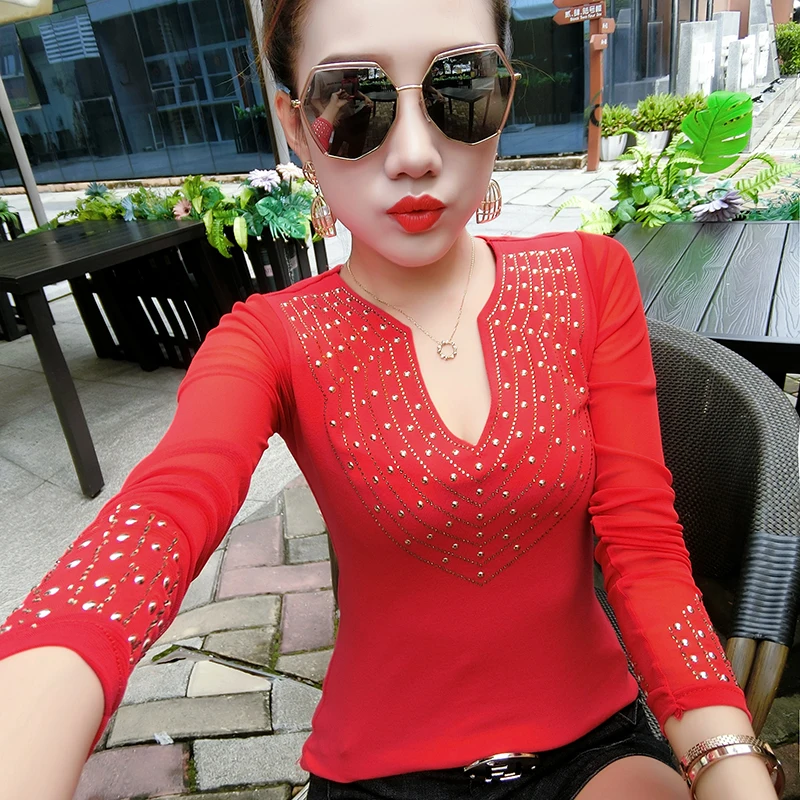 Red tshirt Модный Европейский сексуальный сетчатый топ с v-образным вырезом осенне-летний топ с длинным рукавом Одежда с бриллиантами рубашка Camiseta Mujer рубашка T97908 - Цвет: Red tshirt