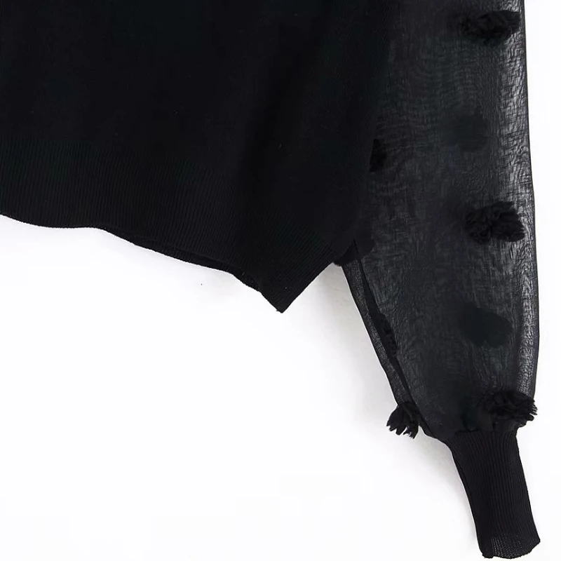 Женские модные прозрачные рукава Лоскутные черные вязаные женские блузки с круглым вырезом меховые Бальные аппликации blusas топы LS4134