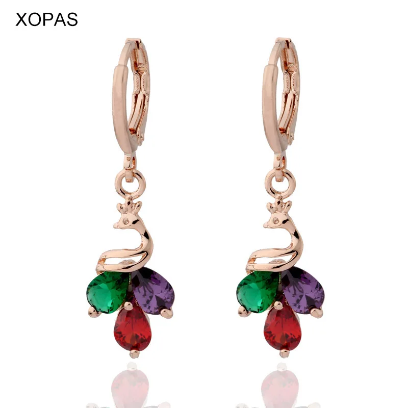 

Exquisite peacock shape colorful cubic zirconia copper earrings 585 Rose gold color earrings for women wedding party jewelry