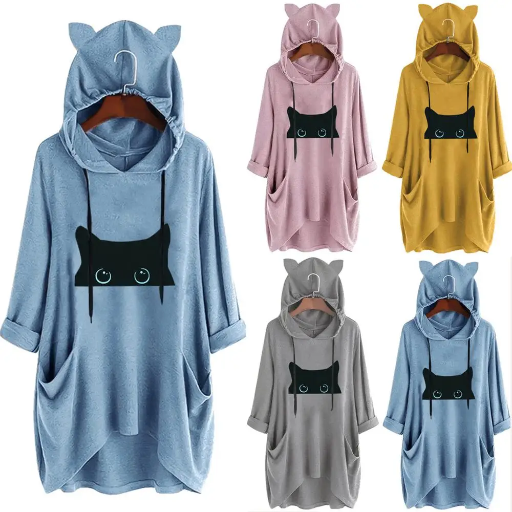 

5xl Plus Size Women Hoodie Shirt Cartoon Cat Print Cat Ear Hooded Long Shirt Cute Long Sleeve Loose Blouse Casual Women Tops #15