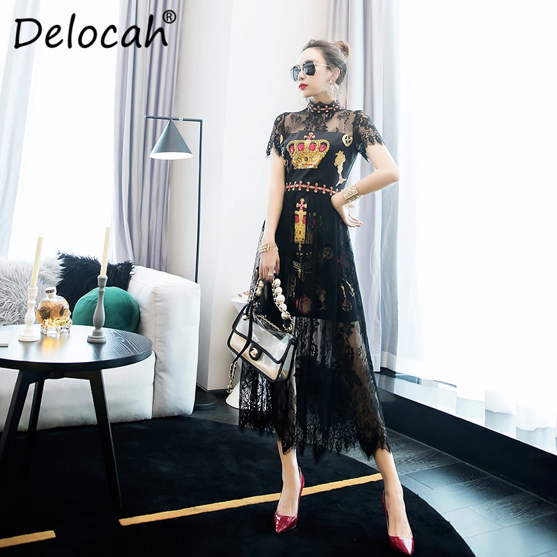 Delocah, новое модное летнее платье для подиума, женское платье с коротким рукавом, с принтом короны, кружевное платье с высокой талией, элегантные винтажные миди платья