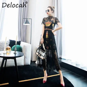 

Delocah New Runway Fashion Summer Dress Women's Short Sleeve Crown printed Lace Splice High Waist Elegant Vintage Midi Dresses