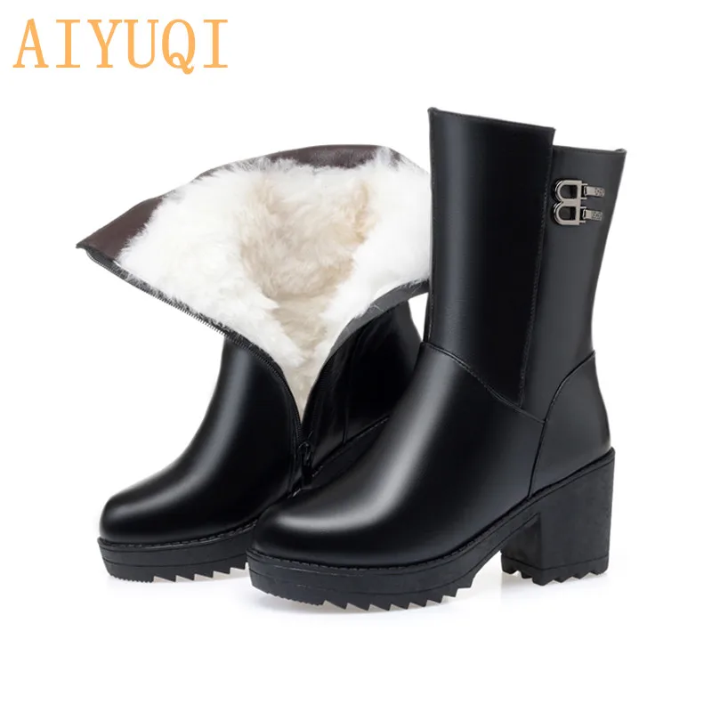 

AIYUQI 2019 New Winter Ankle Boots Women Black Real Leather Platform High Heel Warm Wool Snow Boots Women Big Size 42 43