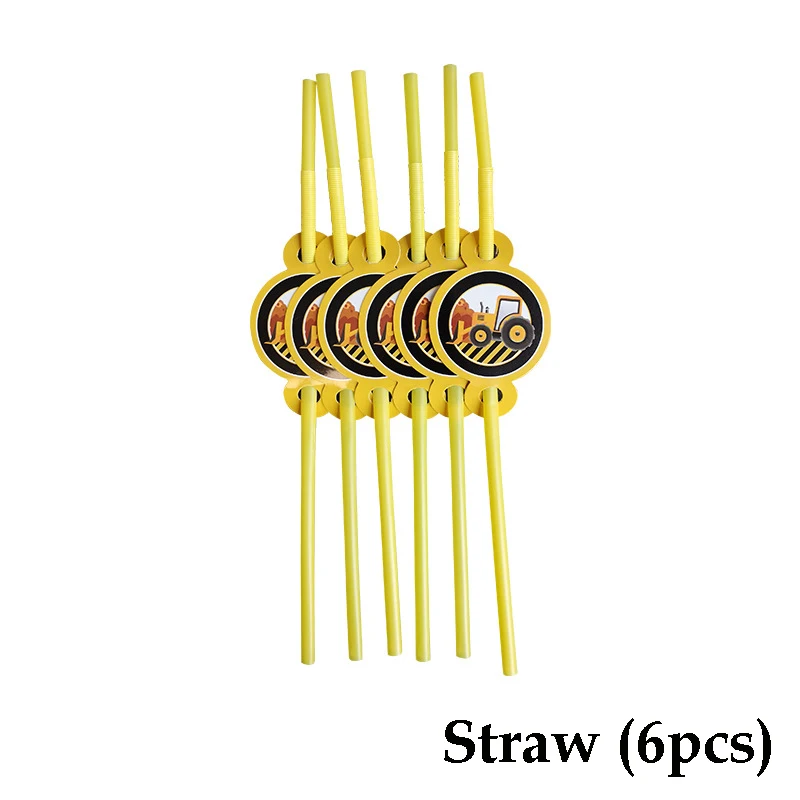 straw 6pcs Тема экскаватора вечерние одноразовые столовые приборы строительные транспортные средства соломинки тарелки Дети День рождения украшения вечерние принадлежности - Цвет: straw 6pcs