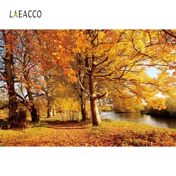 

Laeacco Yellow Forest Maple Trees Leaves River Park Photography Backgrounds Autumn Backdrops Natural Landscape Photozone Props