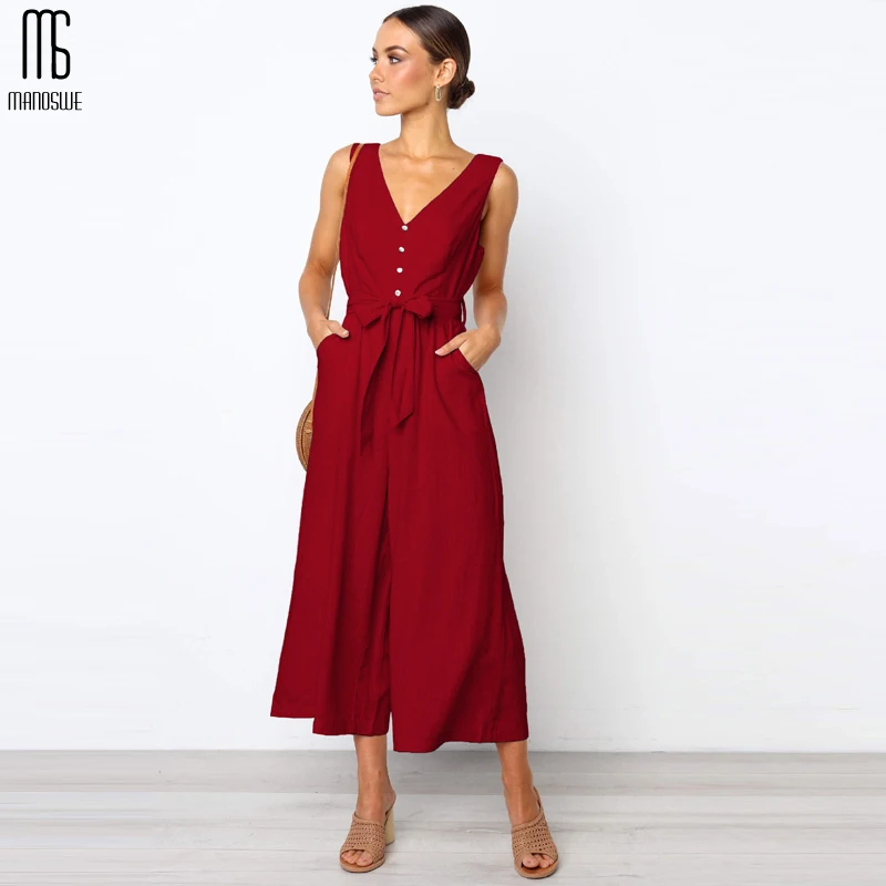 

Manoswe Women Casual Button V Neck Black Jumpsuit Romper Sexy Summer Backless Overalls For Girls Loose Long Playsuit