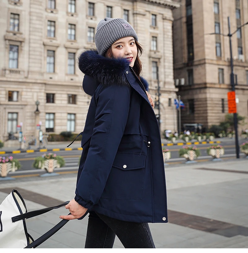 Fashionable Warm Cotton Liner Hooded Down Parkas Coat Winter Jacket Women Adjustable Waist Fur Collar Jacket Parka 2020 New