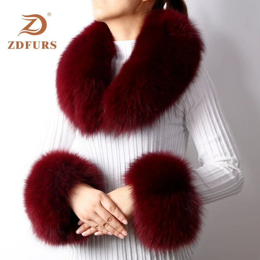ZDFURS* Новое поступление натуральный Лисий мех/енот меховой воротник манжеты женские зимние модные меховые воротник и манжеты один комплект