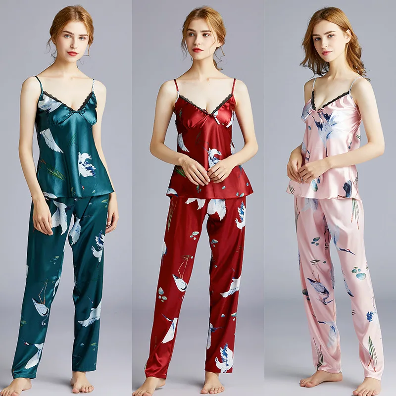 

Hot Selling Version of Silk Pajamas Women's Summer Camisole Trousers Two-Piece Set Tracksuit Thin Dt1369