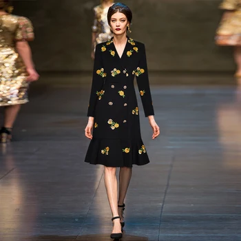 

Elegant Midi Blazer Dress Women 2020 Spring Autumn Runway Floral Embroidery Dresses Office Ladies Slim Long Sleeve Work Wear