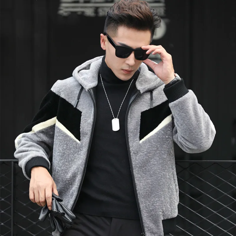 Real Fur Coat Men Sheep Shearling Autumn Winter Wool Men's Jackets Short Hooded Leather Jacket Man Clothes KJ823 | Мужская одежда