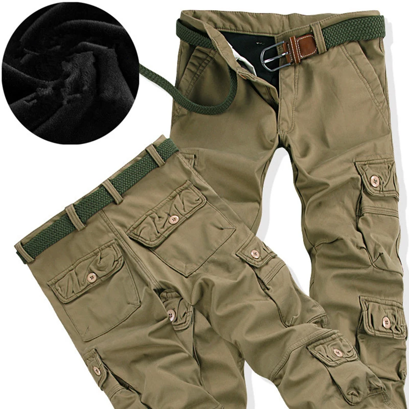 Мужские брюки-карго, зимние плотные теплые штаны, полная длина, мульти карманы, повседневные военные мешковатые штаны для бега, тактические брюки размера плюс 28-40 - Цвет: 028 Khaki