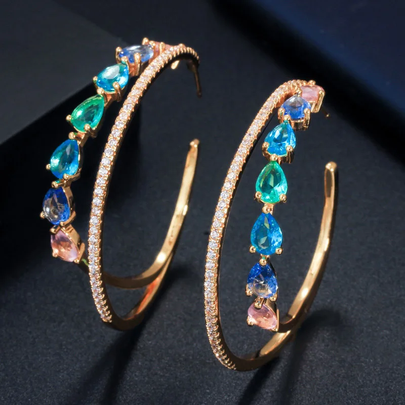 Gold Mix Blie CWWZircons блестящие роскошные белые золотые цвета CZ цирконий Кристалл Большой двойной круг серьги-кольца для женщин модные ювелирные изделия CZ600 - Окраска металла: Gold Mix Blie