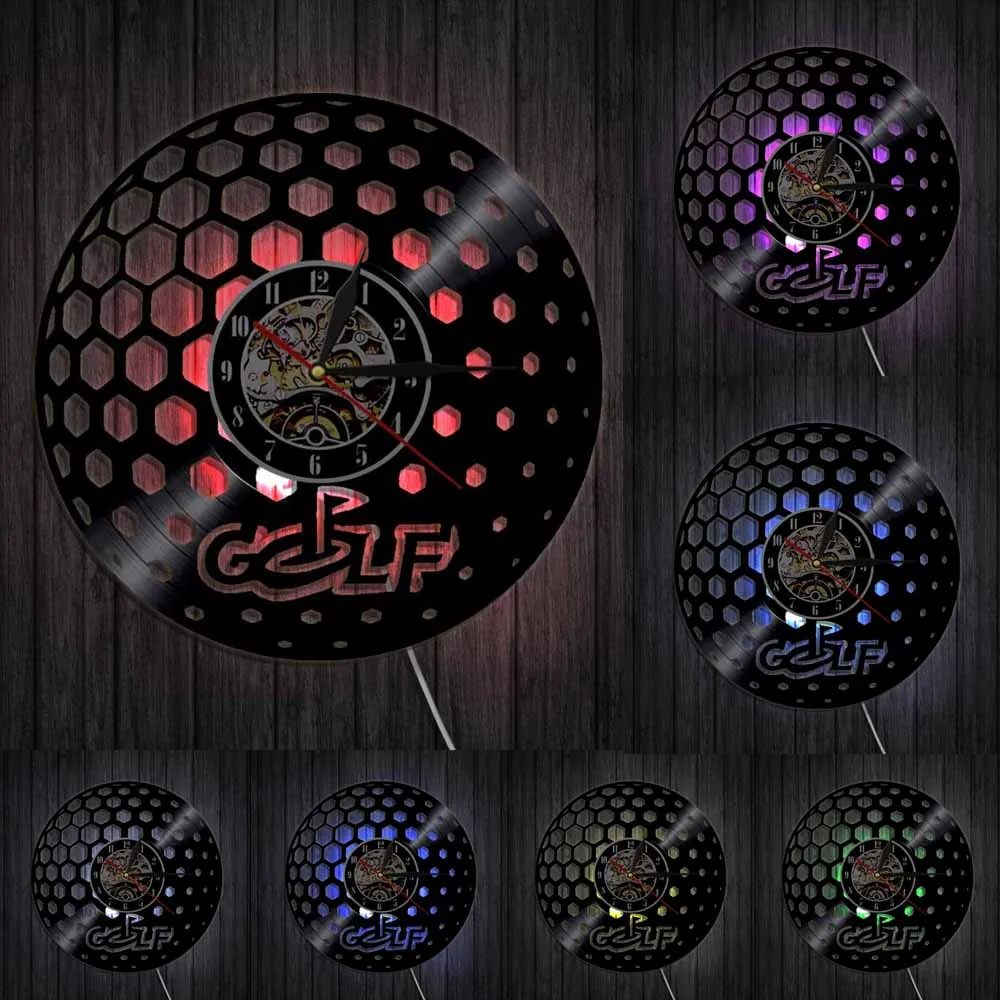 With LED Мяч для гольфа настенные часы Glof Club винтажное настенное искусство Виниловая пластинка настенные часы для игры в гольф спортивная комната Настенный декор гольф Подарки для мужчин - Цвет: With LED