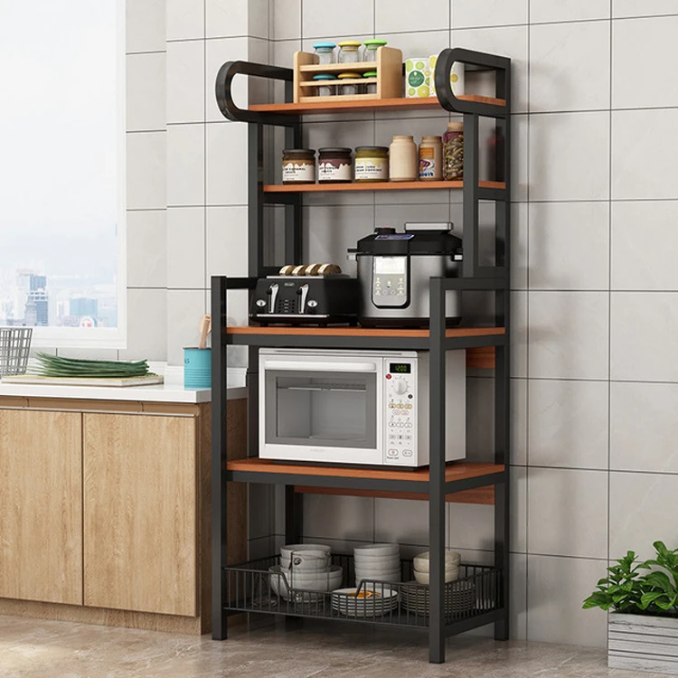 

Floor Stand 5 Layer kitchen Microwave Oven Cabinet Shelf with Vegetable Basket Seasoning Pot Dishes Storage Rack