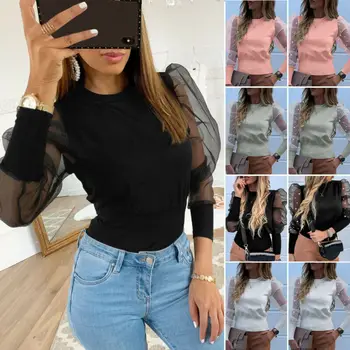 

Spring Winter Fashion Women Turtleneck Sweater Puff Mesh Sleeve Tops Pullover Sweater Blouse Loose Jumper Top Sweater