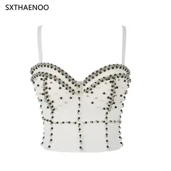 

SXTHAENOO Ladies Rhinestone White Crop Top Beading Summer Sexy Bustier Sleeveless Tank Top for Festival Night Club
