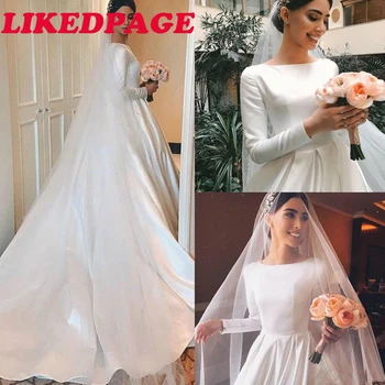 

LIKEDPAGE Simple Belt A Line scoop neck White Wedding Dresses 2020 Satin long sleeve Wedding Bridal Gowns Sweep Train Zipper