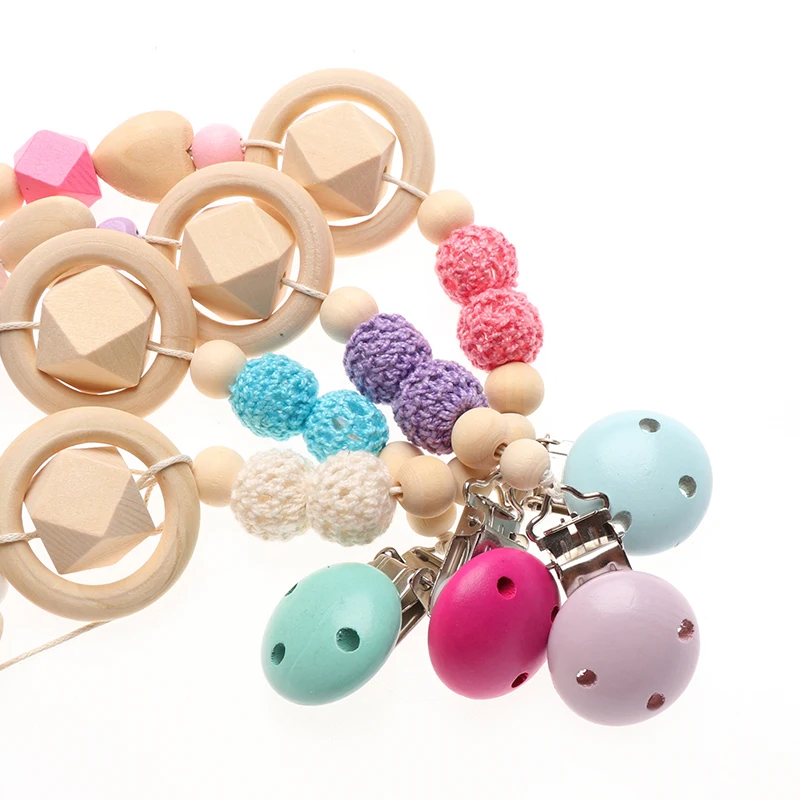 Baby Pacifier Infant Teether wooden Clips Prevent Nursing Chains Teether chewable Infant Pacifier falling Chain