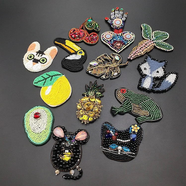 3D Handmade Rhinestone Fruits Beaded Patches Sew on Crystal Patch beading Applique Patch CAT BIRD CHERRY Pineapple