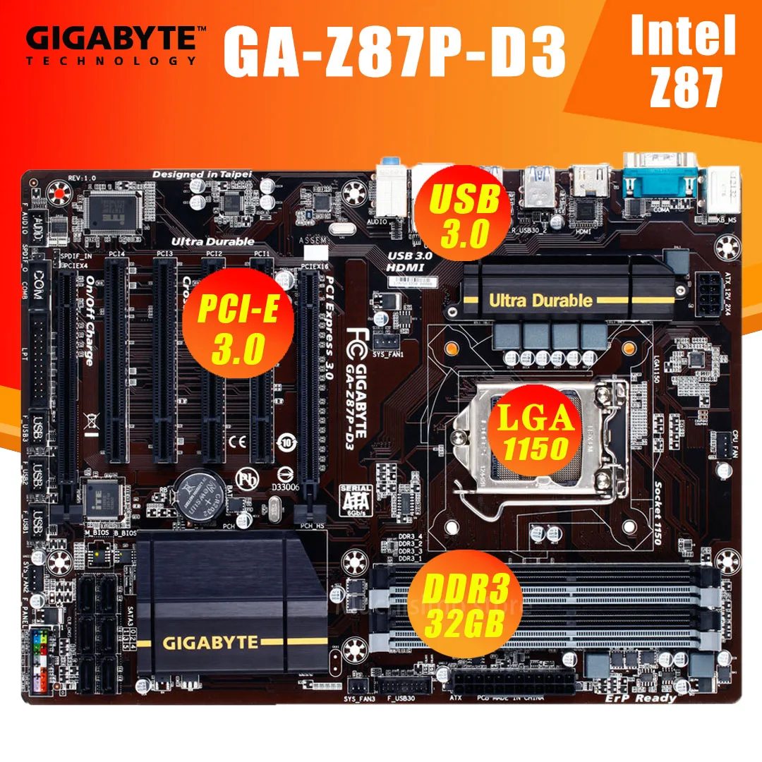 Материнская плата LGA 1150 Gigabyte GA-Z87P-D3 i7 i5 i3 DDR3 PCI-E 3 0 32 Гб HDMI настольный процессор Intel Z87