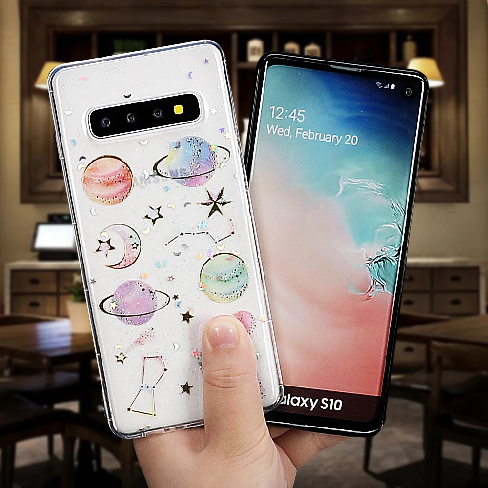 SUYACS Блестящий порошковый чехол для телефона с планетой для samsung Note10 A50 S10e S9 S8 Plus A30 A40 A60 A70 прозрачный мягкий EpoxyBack чехол