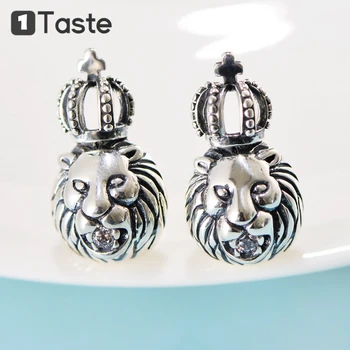 

ONE TASTE 925 Sterling Thai Silver Lion Crown Men's Stud Earring Fine Jewelry Zircons Marcasite Earrings Hiphop Rocky Trendy