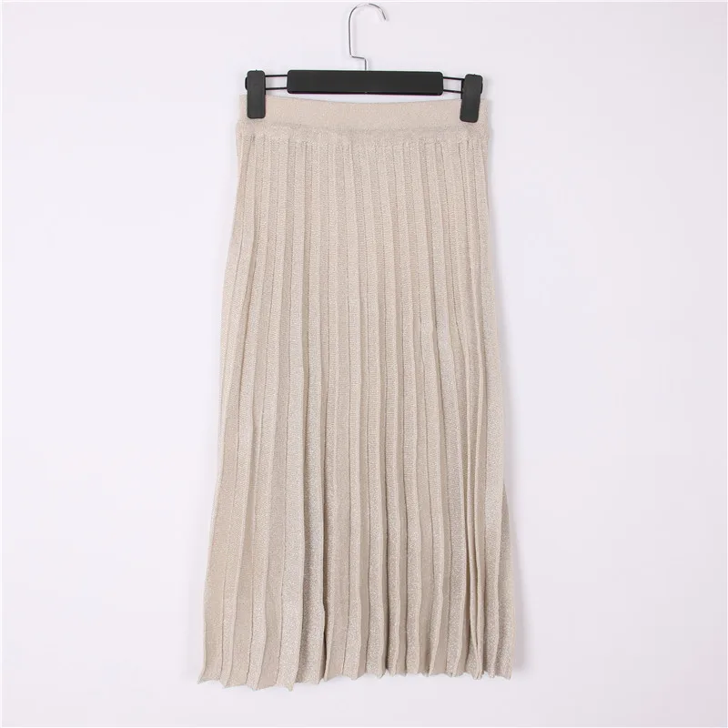Korean Lurex Pleated Skirts Women Summer Knitted Midi Skirt Shiny Solid Ladies Party High Waist Bottoms Holiday | Женская одежда