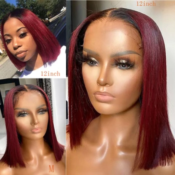 

Ombre Burgundy Blunt Cut Short Bob Straight Wig Colored 99j 13*6 Deep Part Lace Front Wigs For Black Women 150% Remy Human Hair