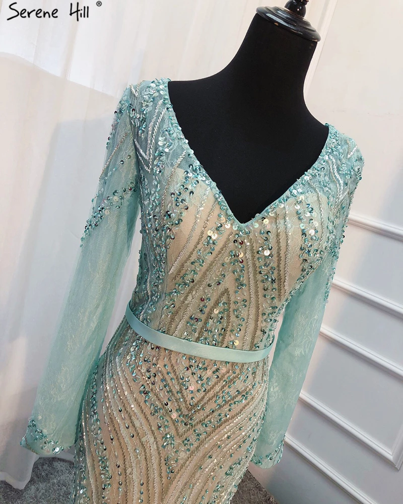 Dubai Green Long Sleeve Mermaid Fromal Dresses V-Neck Beaded Sequins Luxury Evening Dresses Serene Hill BLA6396