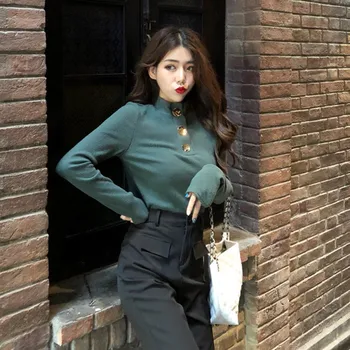 

Women Turtleneck Sweater Pullovers Spring Autumn Women Knitted Sweaters Pullover Slim Fit Button Top