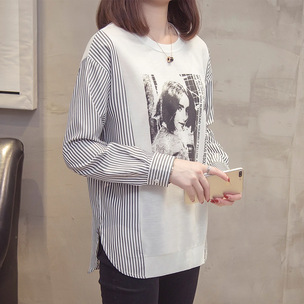 Plus Size Striped Patchwork Tops T-shirt Women Autumn Casual Loose Graphic Tee Shirt Oversized Long Sleeve Korean Tunics