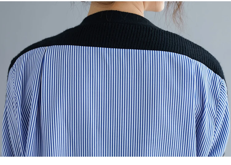 Большие размеры, вязаная винтажная полосатая рубашка в стиле пэчворк для женщин, Корейская Осенняя Повседневная Свободная блуза с длинным рукавом, женская одежда, топы