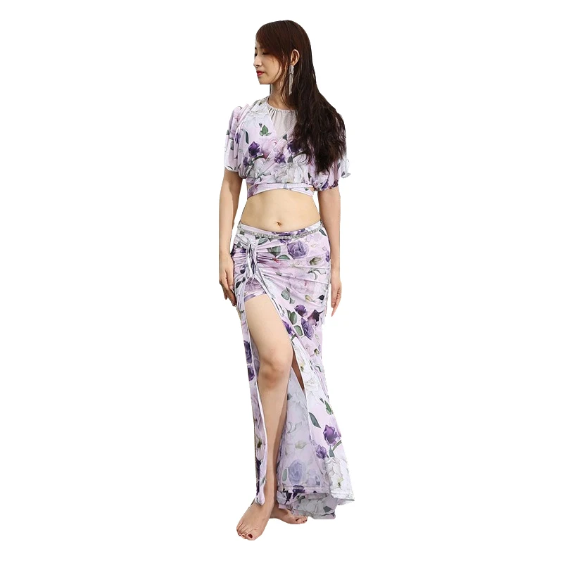 

2019 Women Dancewear Belly Dance Clothing Violet Floral Costume Set Top and Skirt (with halter)