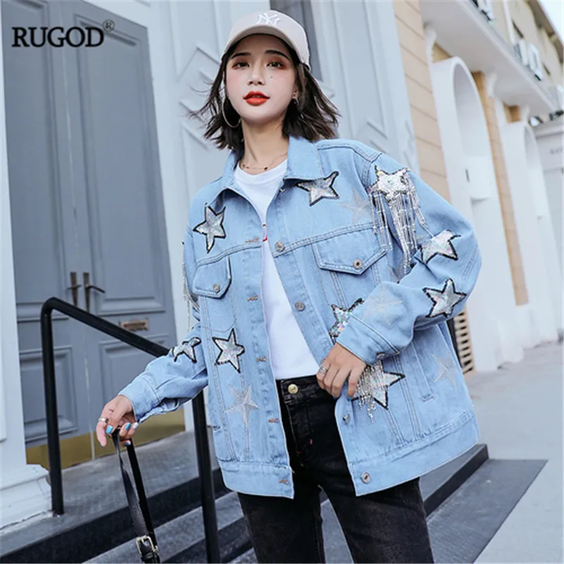 

RUGOD Handmade Star Sequined Diamond Jean Jacket Women Fashion Letter Embroidery Tassel Denim Jacket Autumn Coat High Quality