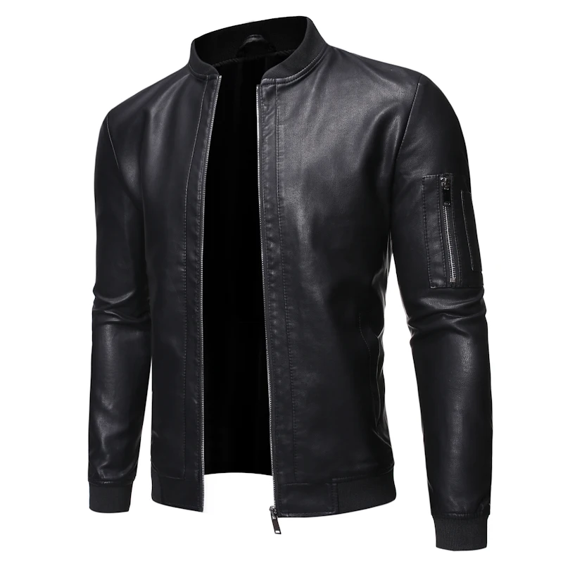 

Men Leather Jacket New 2019 Men's Washable PU Leather Jacket with Zipper Pocket Trim