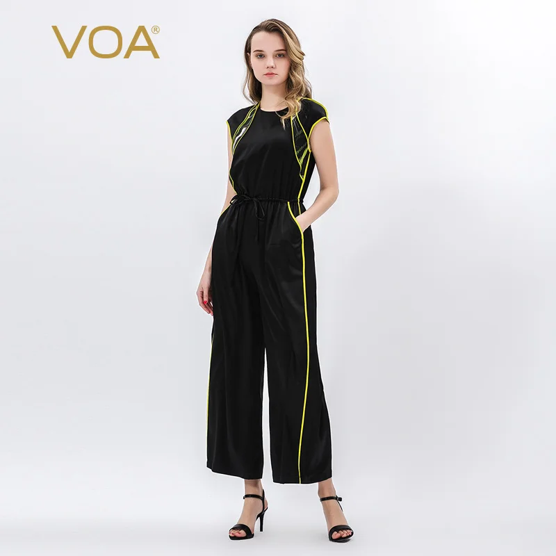 

VOA satin black silk round neck shoulder sleeve printing and light yellow edge drawstring micro elastic one-piece pants K1000