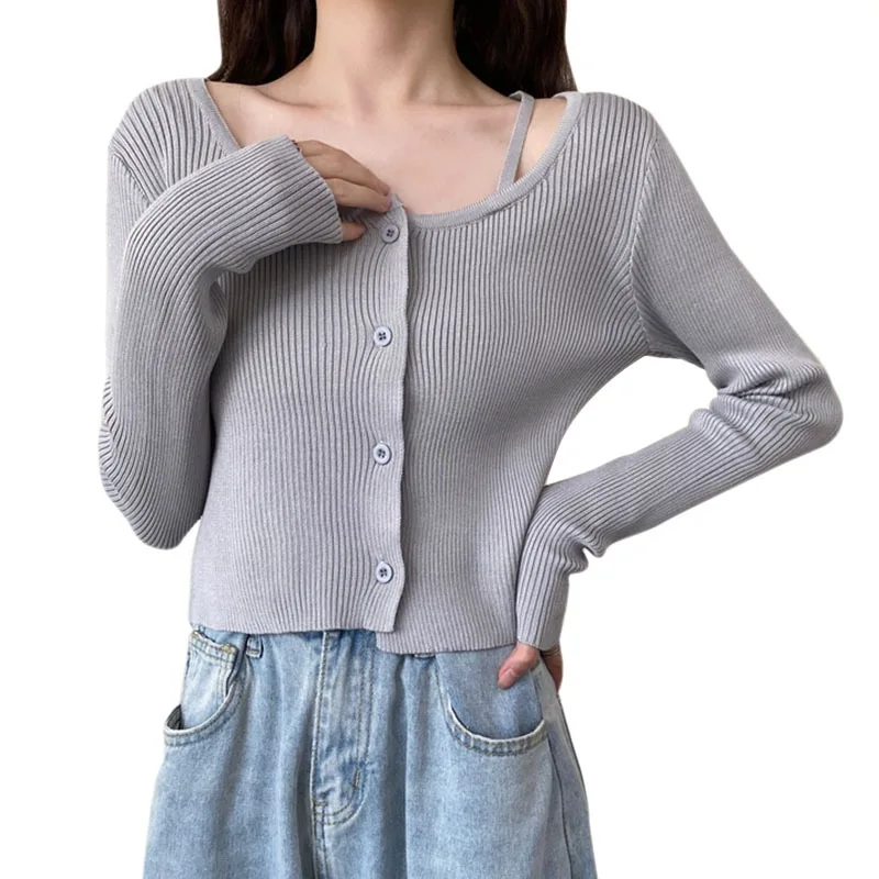 

Women's New Design Irregular Long Sleeve Knit Cardigan Versatile Off-The-Shoulder Dress Grey Uniform Size