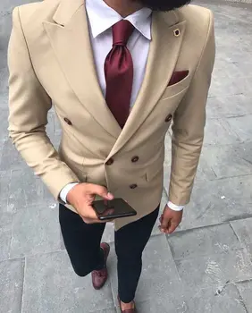 

Men Suits Khaki Double Breasted Blazer Wedding Suits Groom Tailored Made Tuxedo Terno Masculino 2 Pieces (Jacket+Pants)