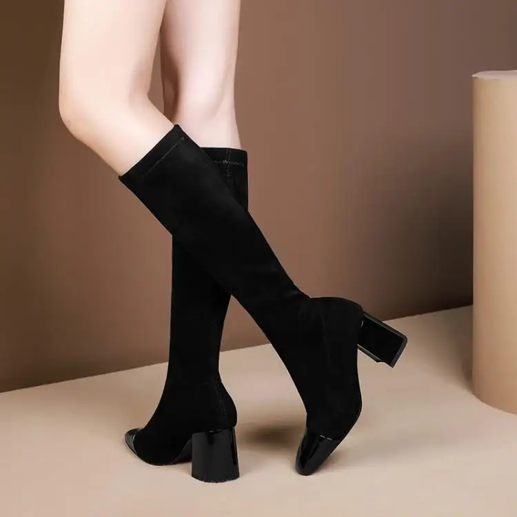 

Qiu dong is thick with short boots boots black square stockings in cylinder high-heeled boots boots, elastic spandex