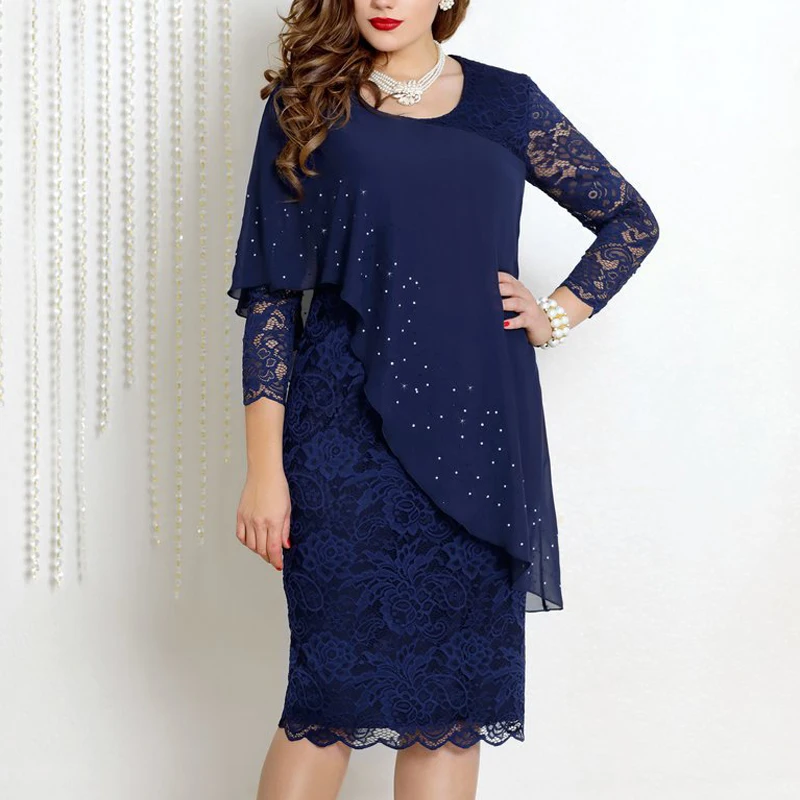OTEN Elegant Plus Size Pencil Autumn Patchwork Chiffon Party Dress Women Lace 3/4 Sleeve O-Neck Female Clothing Blue Office