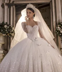 Luxury Beaded Bridal Wedding Dress 2022 Sheer Neck Long Sleeves Bride Gown Arabic Dubai Customed Vestidos De Noiva Mariage