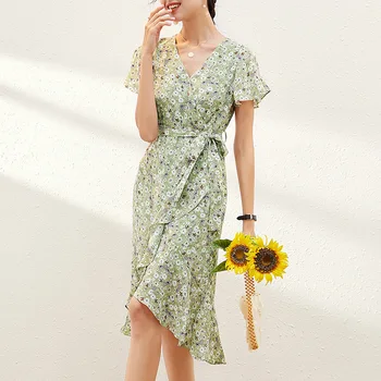 

2020 Summer High Waist Slim Dress Floral Ruffle Dress Short-sleeved V-neck A-line Dress Women