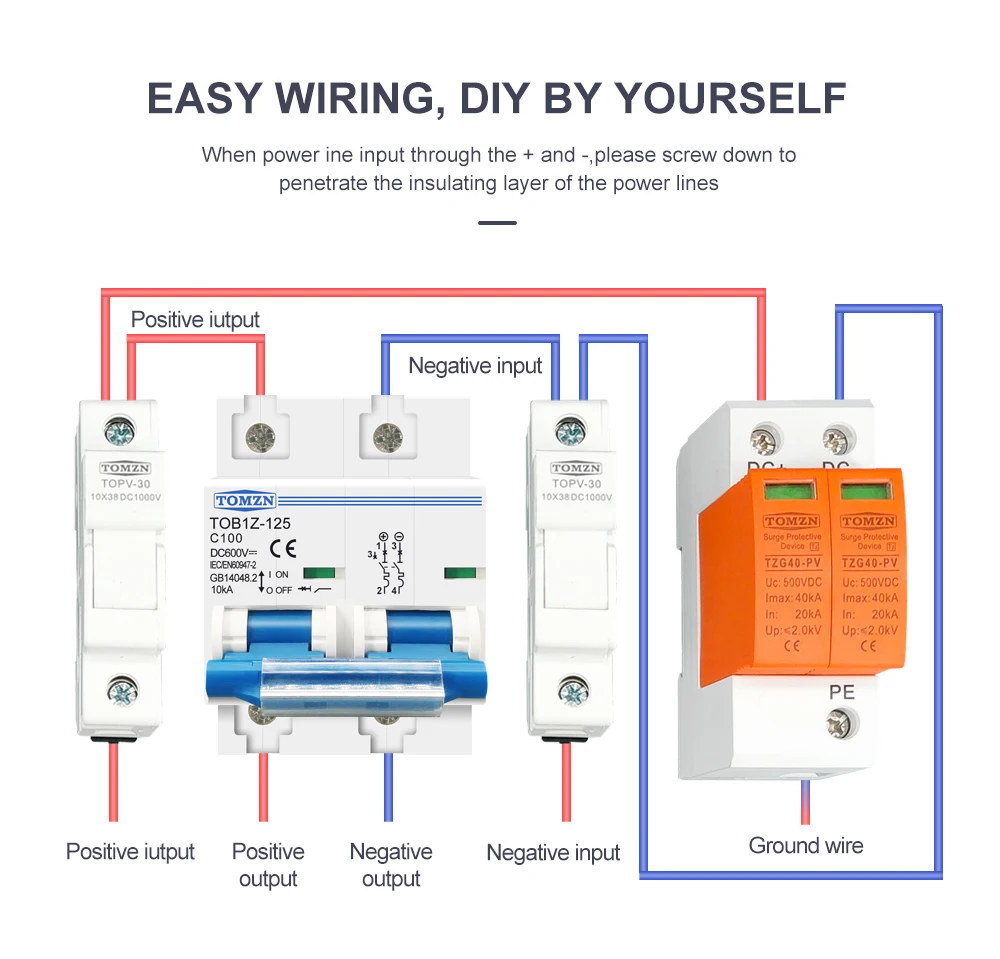 interruptor principal, 2P, DC, MCB, 600V, 125A, 100A, 80A