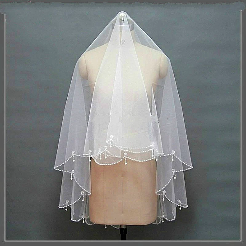 

2020 Real photos Beading Edge Wedding Bridal Veil with comb White Ivory Bride Veils Two Layers Elbow Length Veil