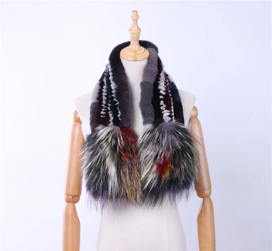 Brand New Genuine Real Rex Rabbit Fur Women's Fashion Fur Scarf Scarves Silver Fox Fur Knitted Wraps Multicolor Winter Warm - Цвет: Multicolor