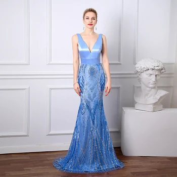 

Eightree V Neck Mermaid Evening Dresses Sleeveless Satin Formal Party Dress Lace Beading Appliques Sexy Evening Party Gowns