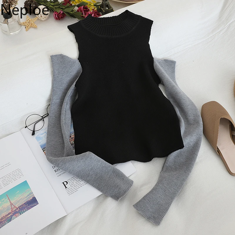 Neploe Sexy Off Shoulder Knit Bottom Sweater Contrast Color Patch Slim Pull Femme Hiver O Neck Long Sleeve Winter Clothes 48262 | Женская