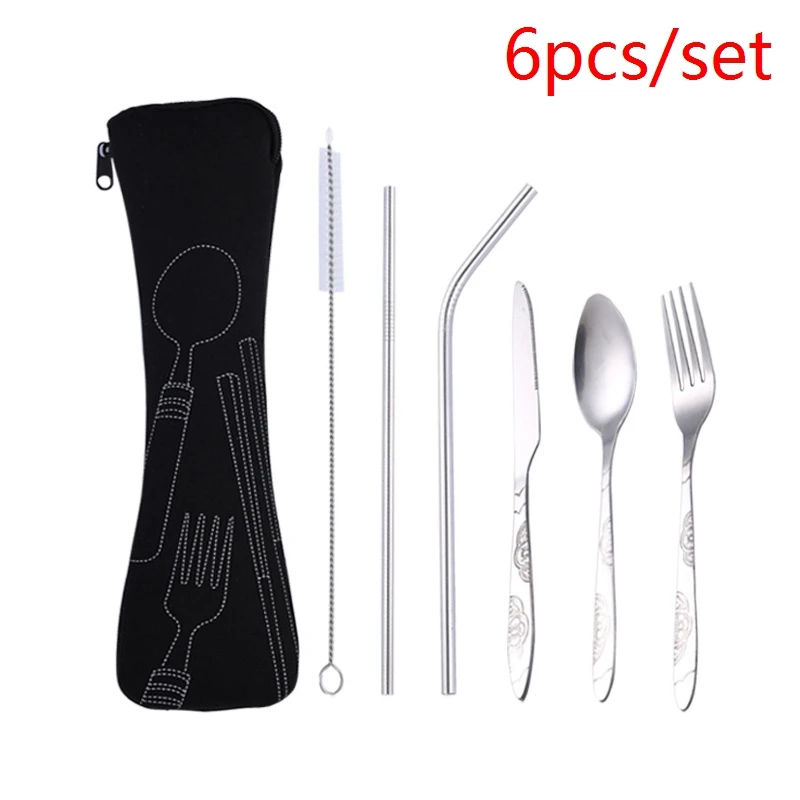 black 6pcs 3 шт./компл. Портативный Нержавеющая сталь набор столовых приборов цветок картина вилка ужин набор посуды домашней утвари посуды сумка - Цвет: black 6pcs